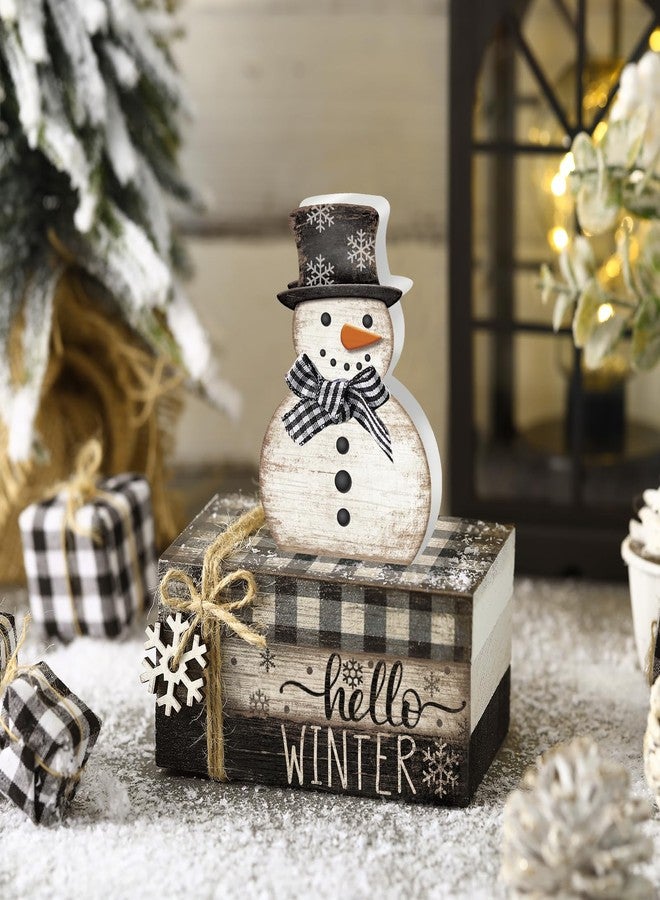 Anglechic 4 Pcs Snowman Christmas Decor Winter Table Decorations Christmas Tiered Tray Decor Winter Centerpiece Indoor Rustic Wooden Snowman Block Sign Gift Farmhouse for Home Kitchen Shelf - Image 2